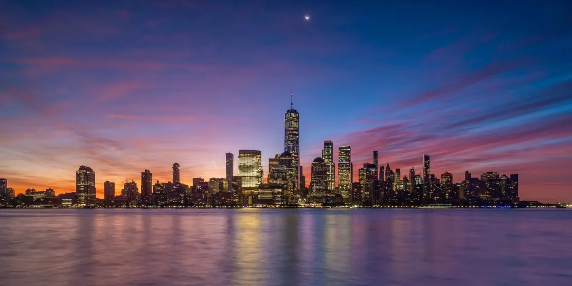 High-angle view of the Manhattan skyline and skyscrapers in New York City.