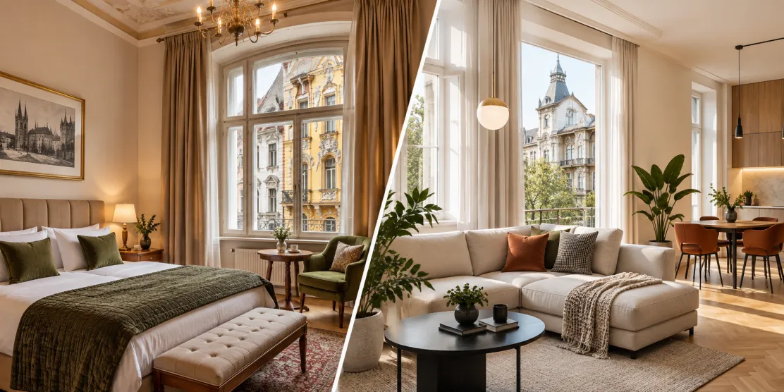 Split view of a cosy hotel room in Prague's Old Town and a modern apartment in Budapest's District V