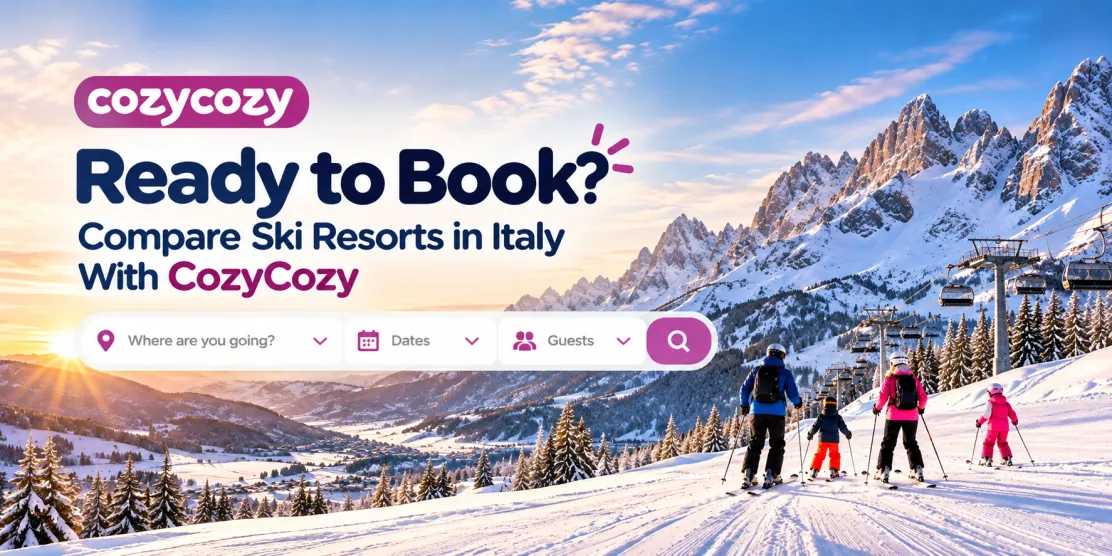 CozyCozy banner inviting travellers to compare ski resorts in Italy using the accommodation search engine.