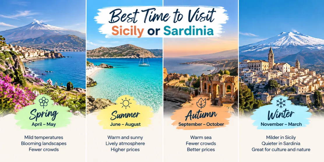 Seasonal guide to the best time to visit Sicily or Sardinia, comparing spring, summer, autumn and winter