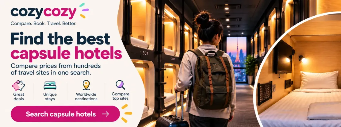 cozycozy capsule hotel search banner with sleeping pods and a traveller with luggage