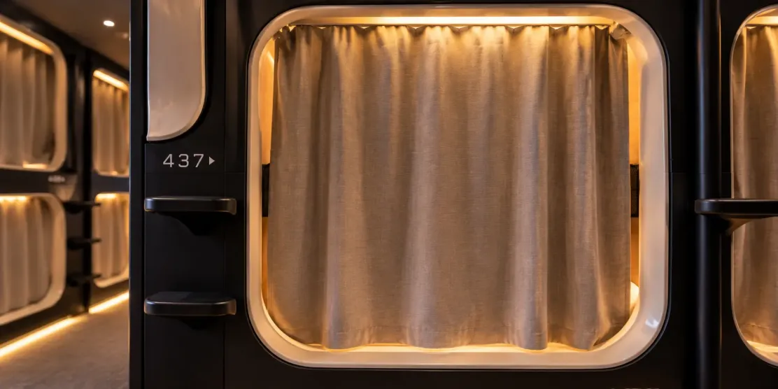 Close-up of a single capsule hotel pod with curtain closed for privacy