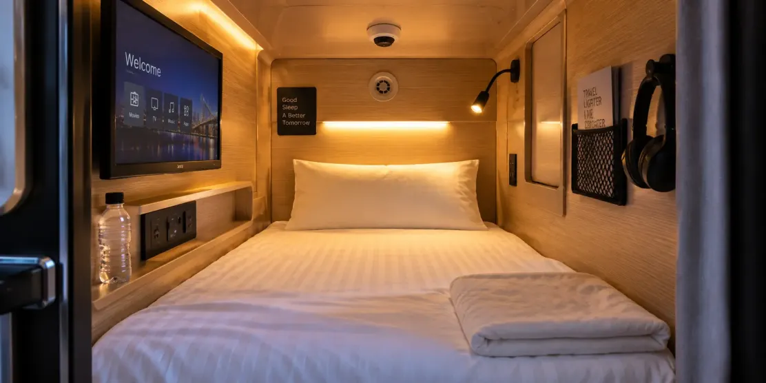 Inside a capsule hotel pod showing the bed, reading light and built-in TV