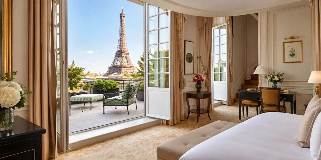 suite avec vue sur la Tour Eiffel depuis la terrasse, Palace Shangri Hôtel, Paris 