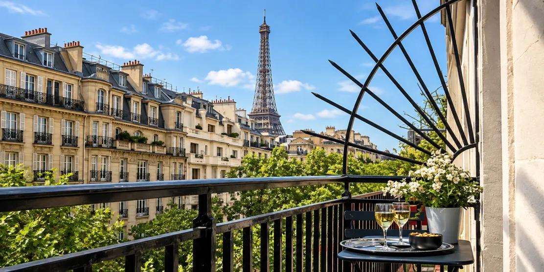 Balcon parisien ensoleillé avec vue sur la tour Eiffel depuis l'hôtel Le Cercle