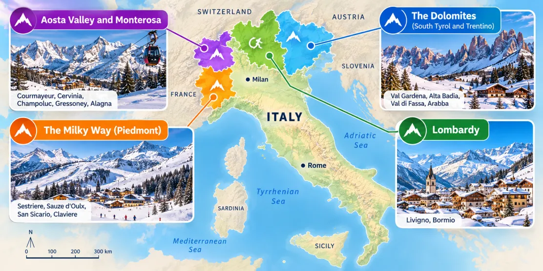 Map of Italy ski resort regions showing the Dolomites, Aosta Valley and Monterosa, the Milky Way and Lombardy.