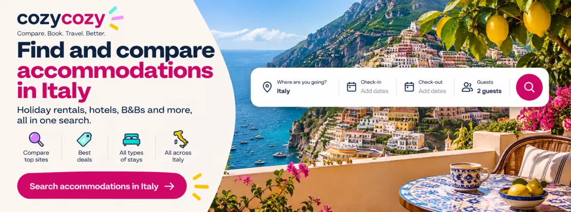 cozycozy search banner for finding and comparing holiday rentals, hotels and B&Bs across Italy
