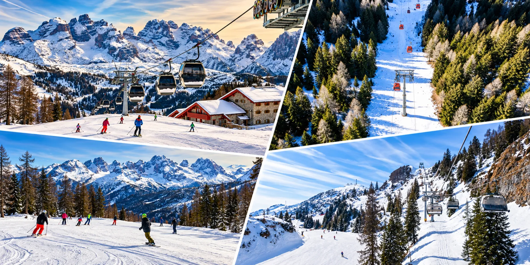 Ski resorts in Italy with snowy Alpine slopes, ski lifts and mountain scenery.