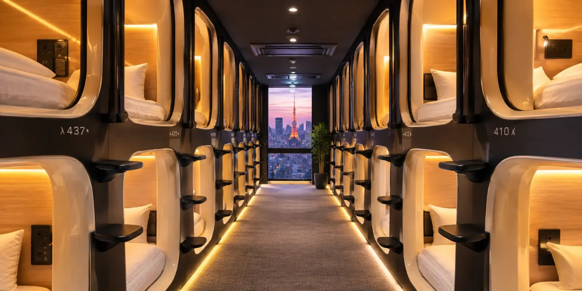 Interior of a modern capsule hotel with rows of compact sleeping pods