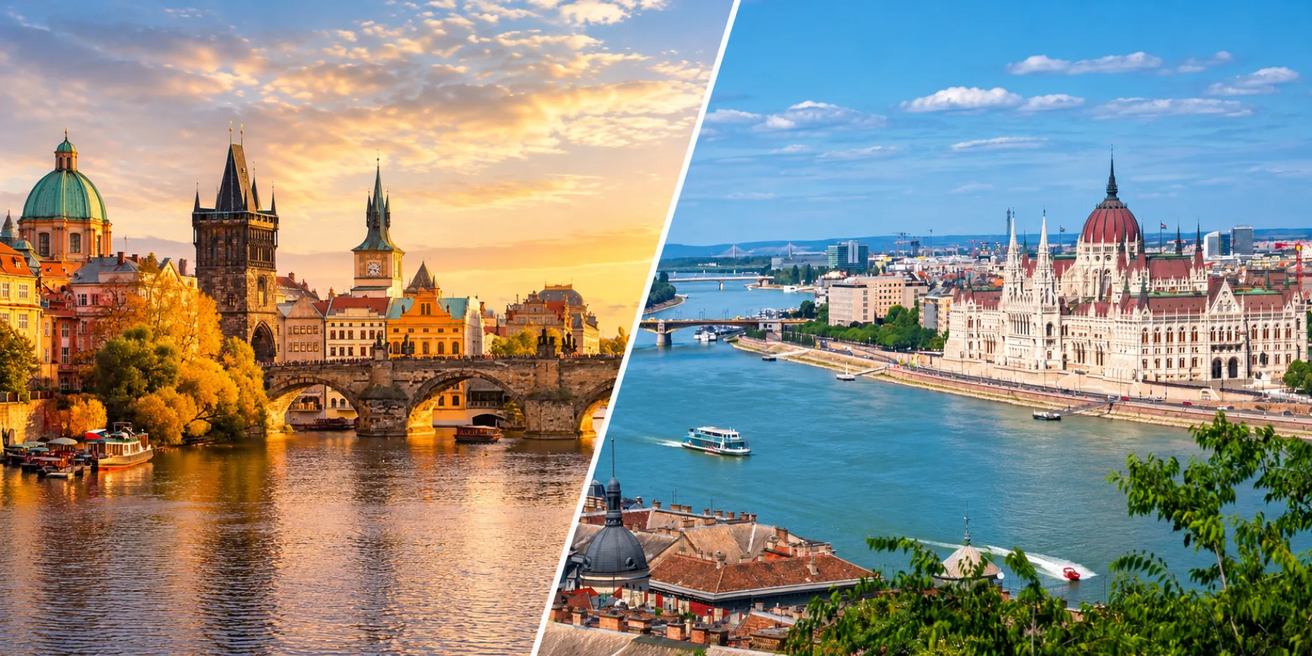 Split view of city center of Prague and Budapest