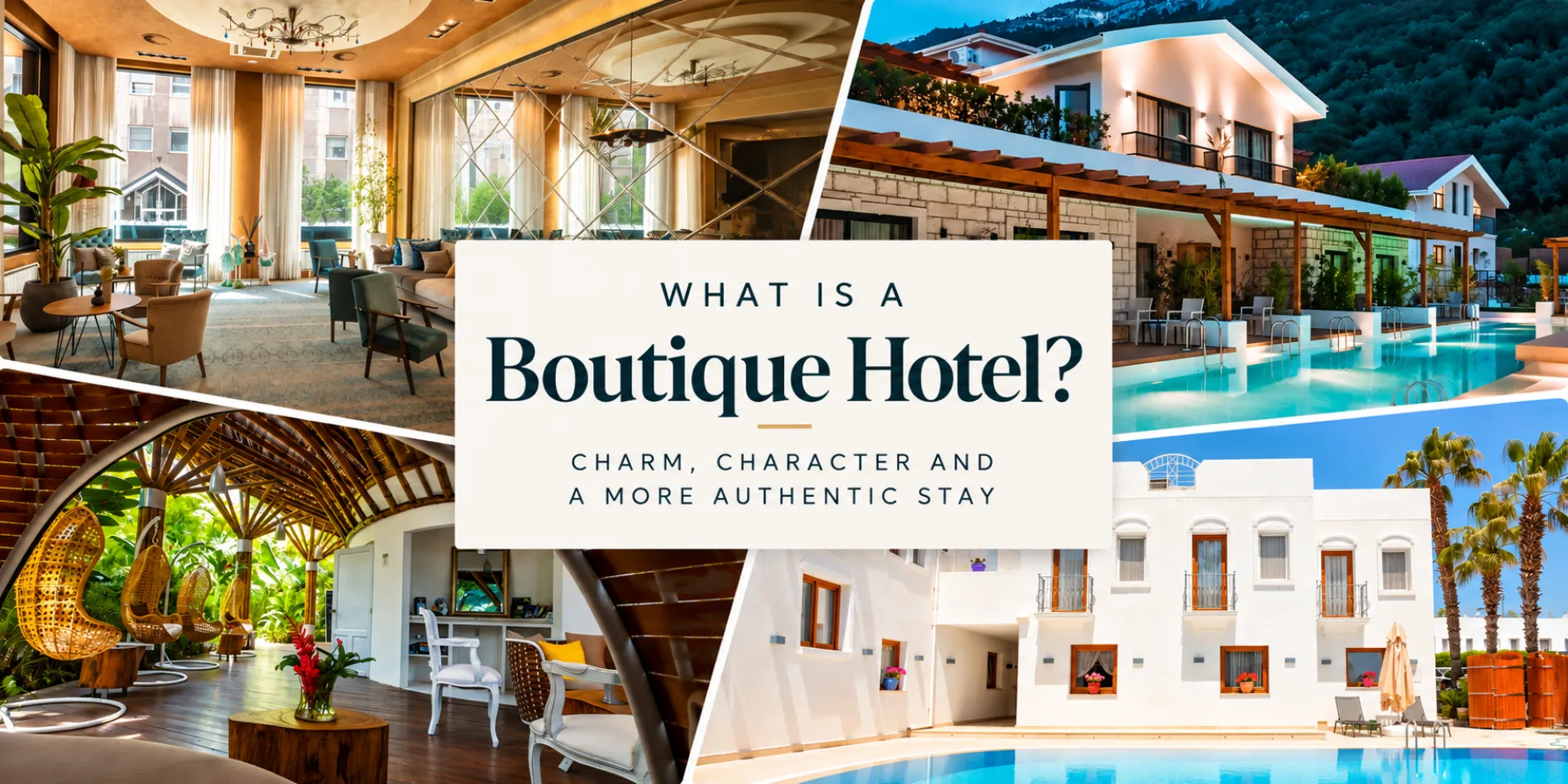 Collage of stylish boutique hotels featuring elegant interiors, pools and distinctive design
