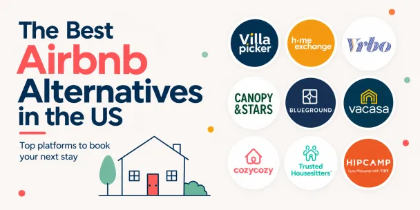Cover image for the article 'Best Airbnb Alternatives in the US,' featuring Cozycozy, VRBO, Hipcamp, and other leading vacation rental platforms