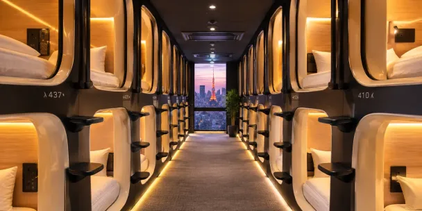 Interior of a modern capsule hotel with rows of compact sleeping pods