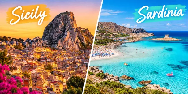 cover image for the article "Sicily or Sardinia" representing a view of Sicily landscape and Beach in Sardinia (Pelosa)