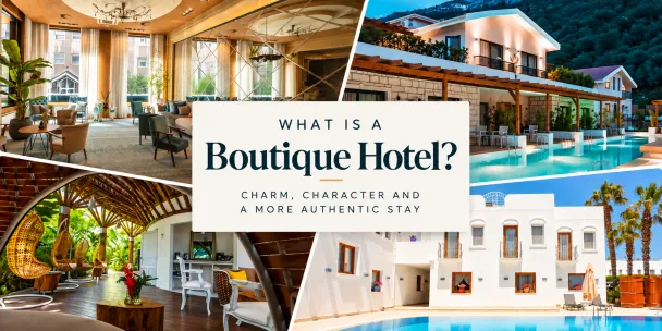 Collage of stylish boutique hotels featuring elegant interiors, pools and distinctive design
